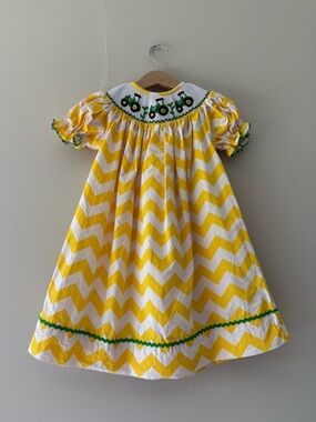 Babeeni Tractor Smocked Dress 2T Yellow Chevron John Deere Summer Embroidered
